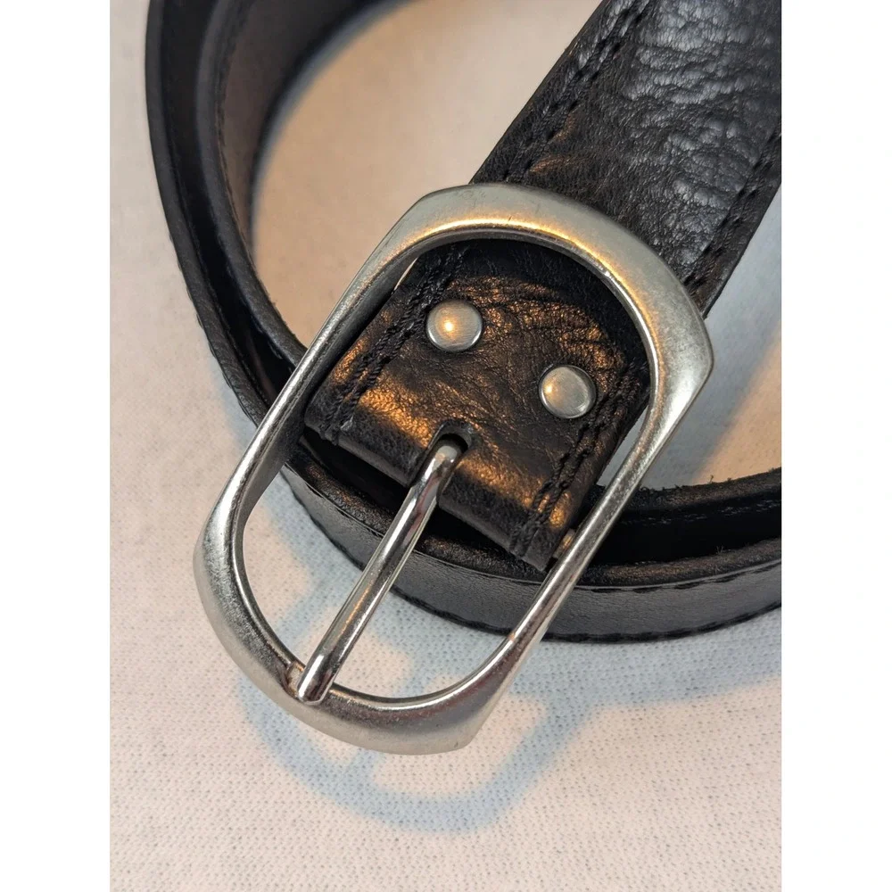H&M Mens Black Leather Belt Silver Buckle Size 34 Made in Sweden 374990